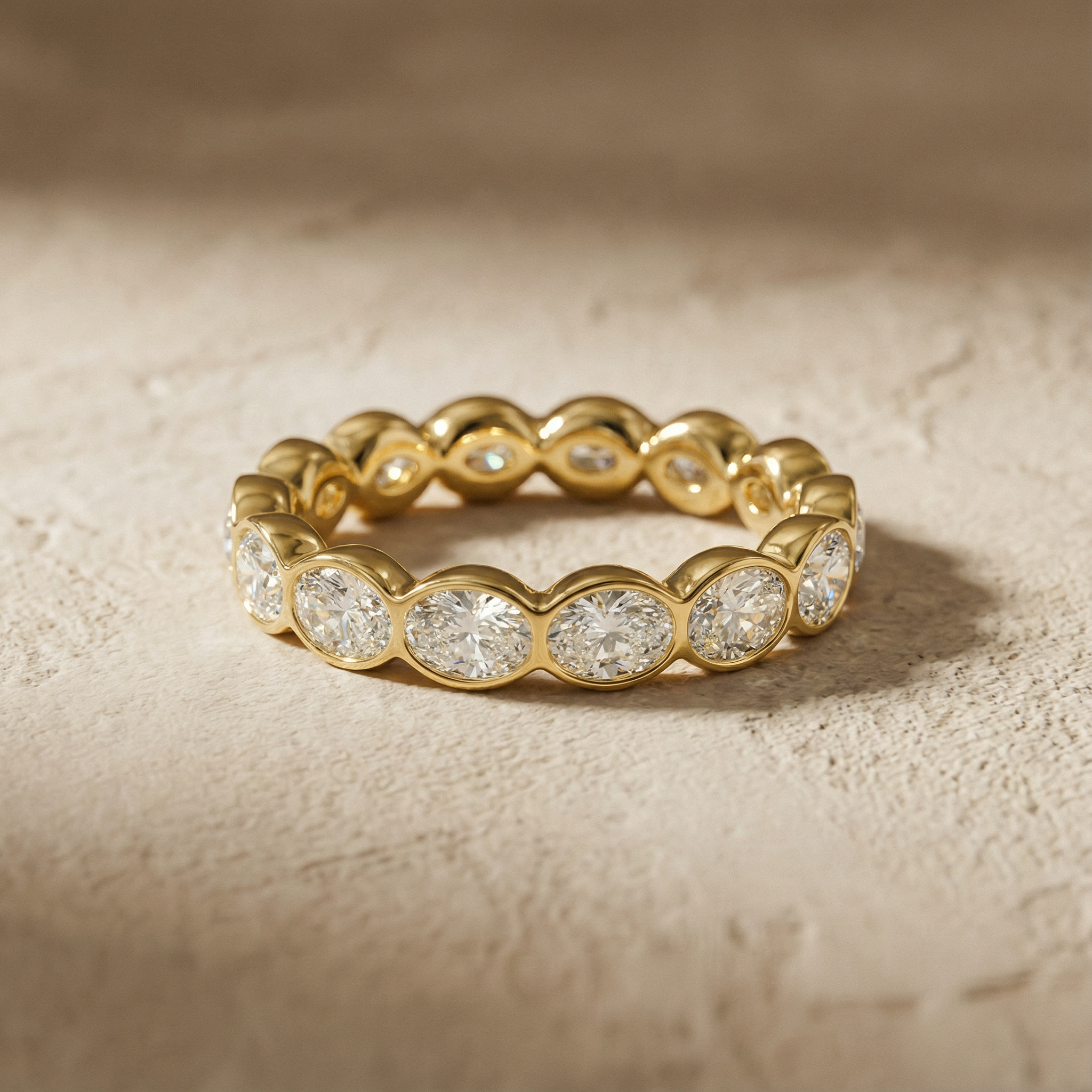 "Odessa" Oval cut Lab Grown Diamond Bezel set 14k Gold Eternity Band