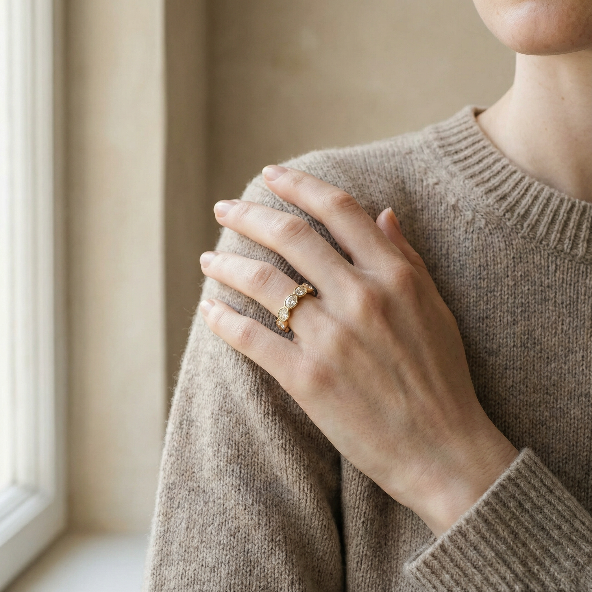 "Odessa" Oval cut Lab Grown Diamond Bezel set 14k Gold Eternity Band