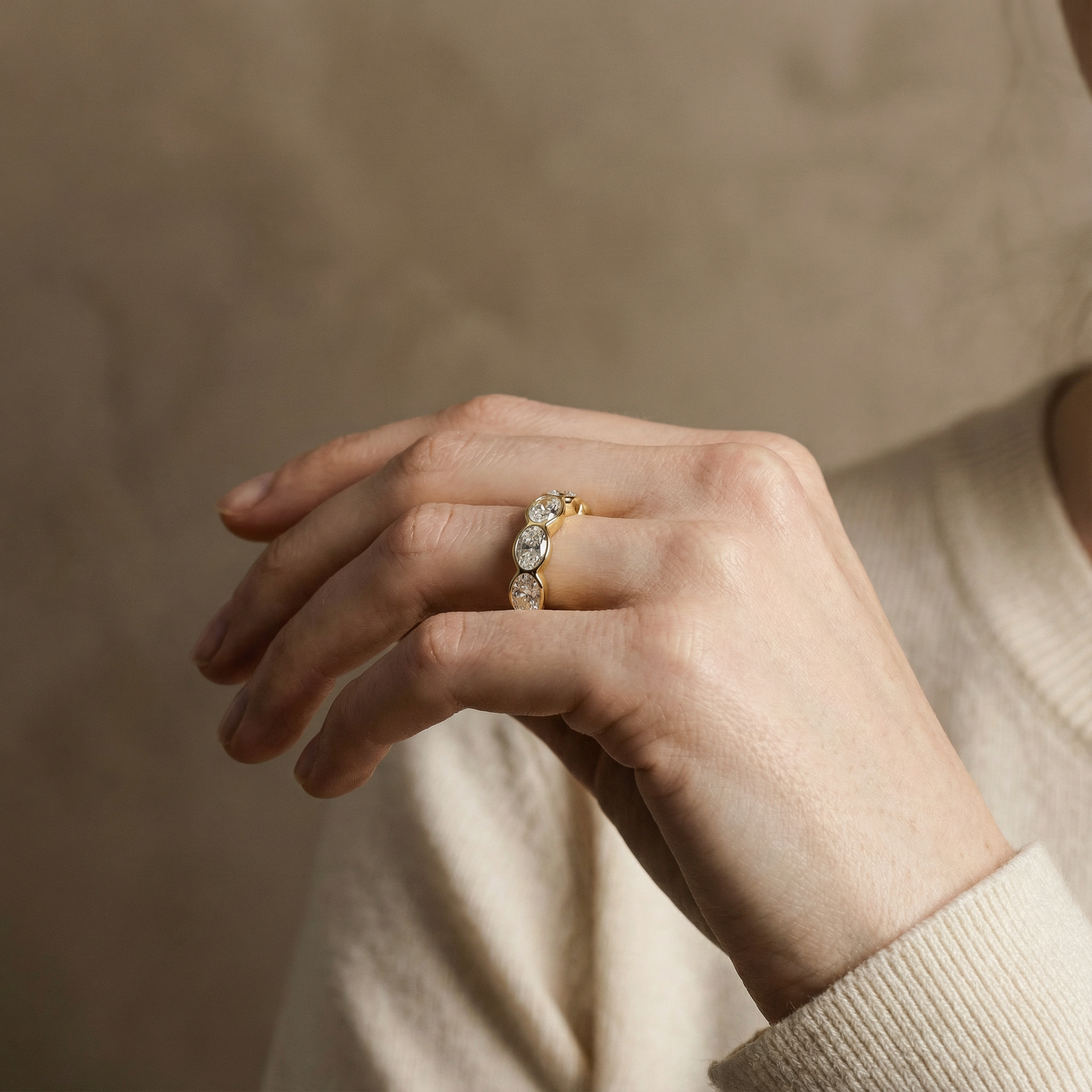 "Odessa" Oval cut Lab Grown Diamond Bezel set 14k Gold Eternity Band