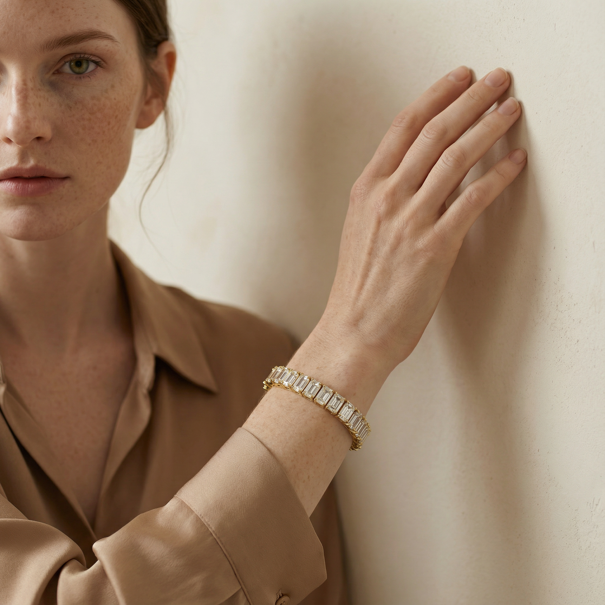 "Renja" Emerald cut Lab Grown Diamond Prong set 14k Gold Tennis Bracelet