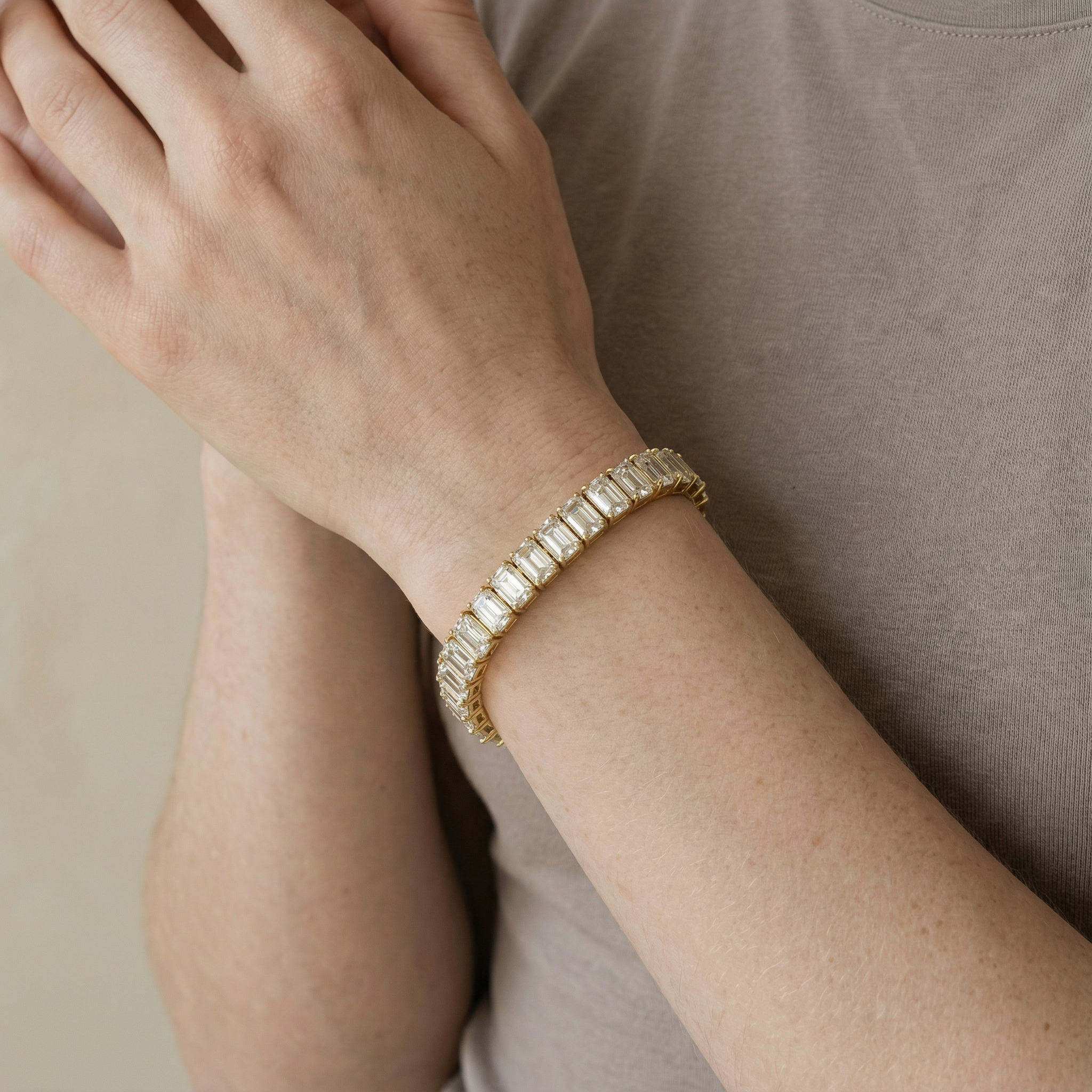 "Renja" Emerald cut Lab Grown Diamond Prong set 14k Gold Tennis Bracelet