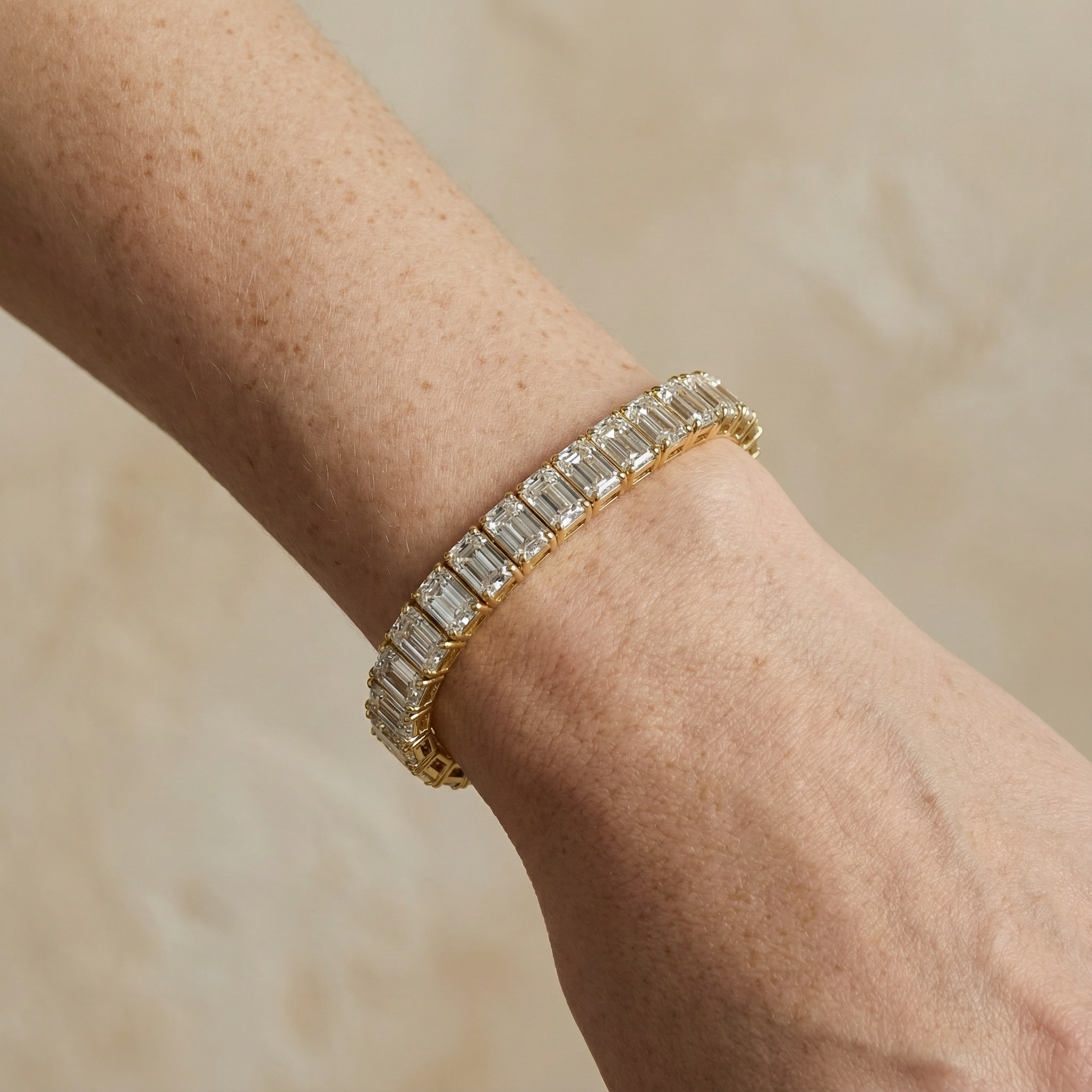 "Renja" Emerald cut Lab Grown Diamond Prong set 14k Gold Tennis Bracelet